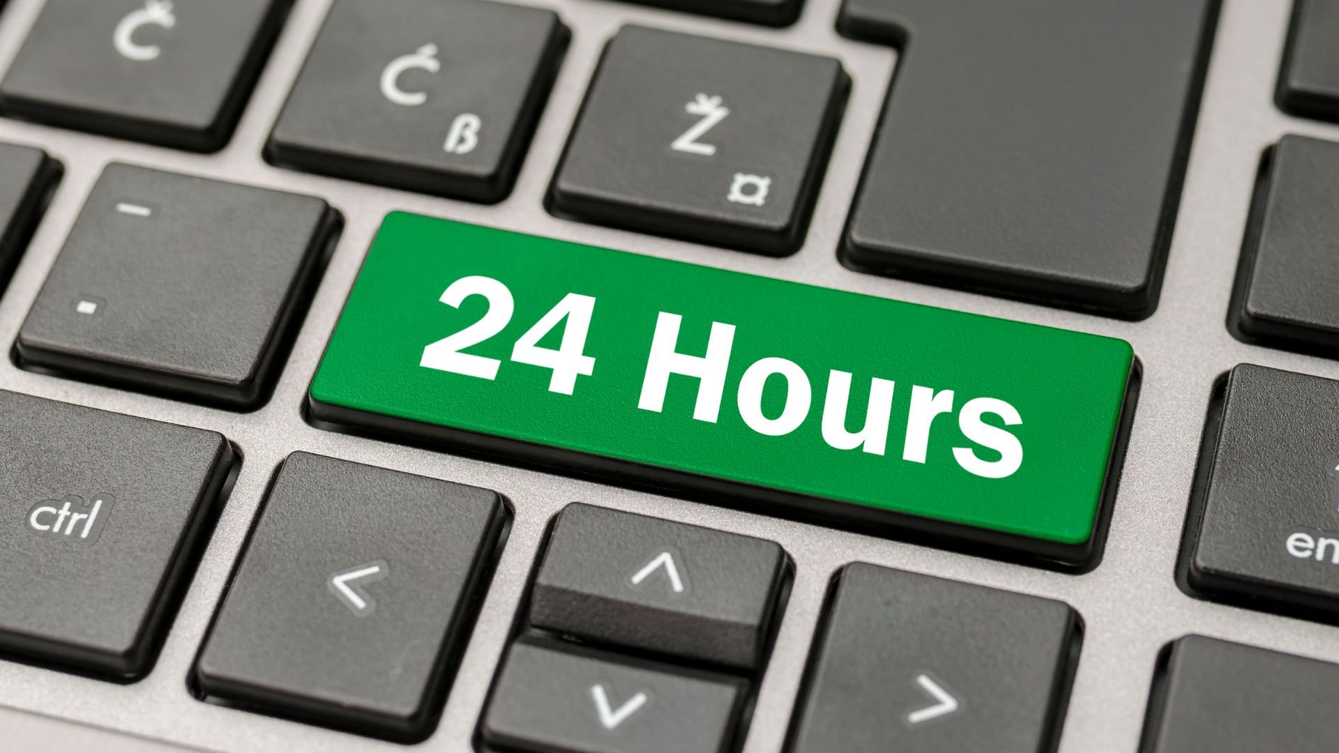 Green keyboard key with '24 Hours' text highlighting service availability