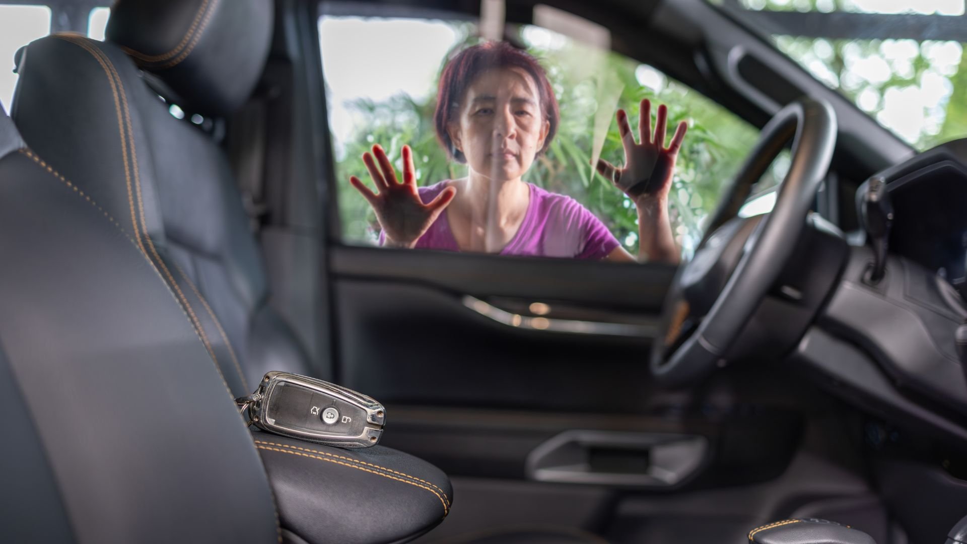 Person pressing hands against car window with worried expression